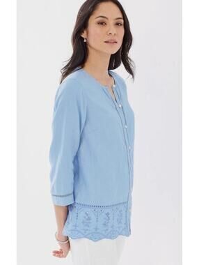 J. Jill Love Linen Eyelet Border Linen Shirt, Clear Blue, Size Large